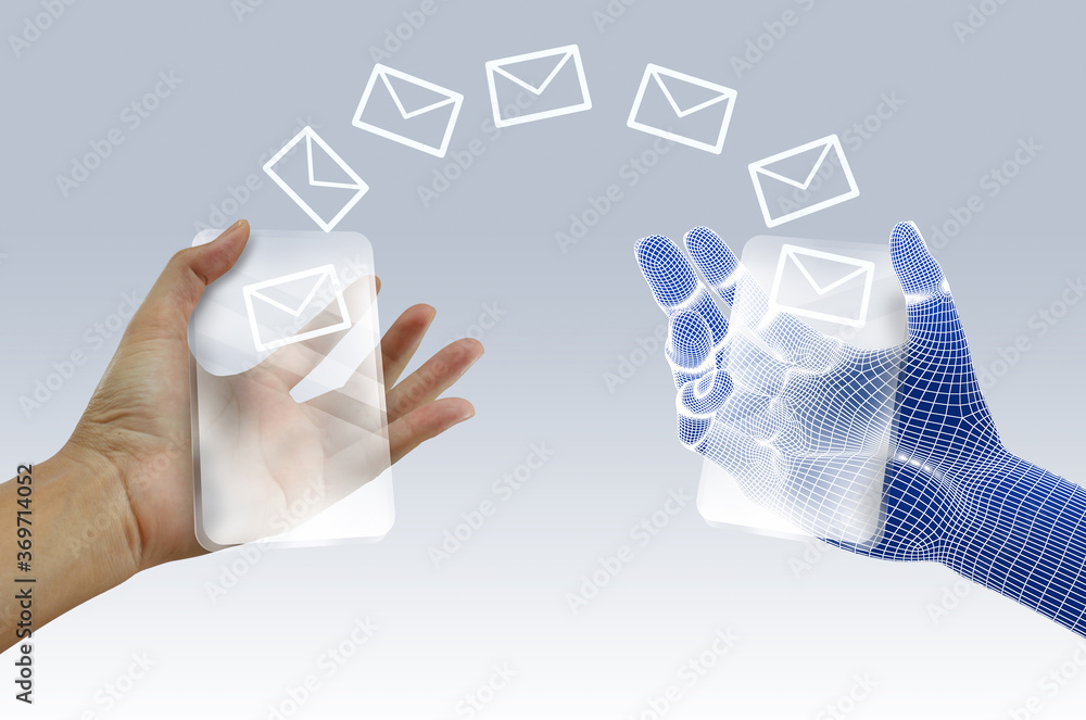 hand holding a house with social network e-mail icons hand holding a house with social network e-mail icons