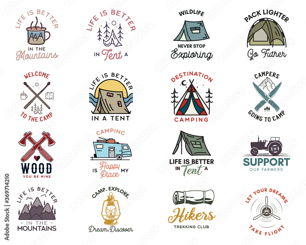 Camping adventure badges logos set, Vintage travel emblems. Hand drawn line art stickers designs big bundle. Hiking expedition, campers quotes labels. Outdoor camper insignias. Stock vector set