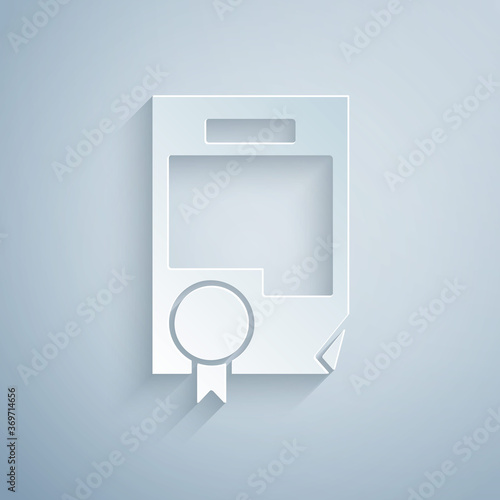 Paper cut Certificate template icon isolated on grey background. Achievement, award, degree, grant, diploma. Business success certificate. Paper art style. Vector Illustration.