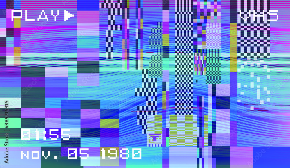 Retro VHS background with Glitch art effect. Vector illustration in retrowave and vaporwave style.