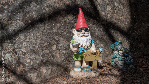 Obraz na plátne A happy garden gnome on vacation, holding a margarita next to a welcome sign