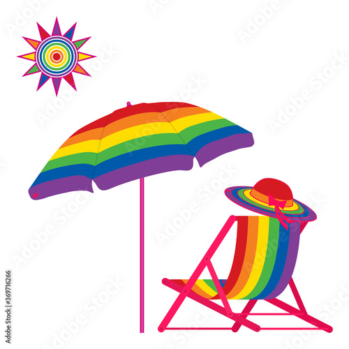 LGBT symbols. Rainbow-colored sun, beach umbrella, deck chair, summer hat. Vector illustration on a white background.