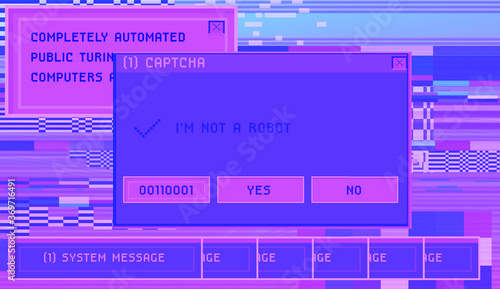 Concept of  CAPTCHA — Completely Automated Public Turing test to tell Computers and Humans Apart. Glitched screen with pixel noise and message boxes.