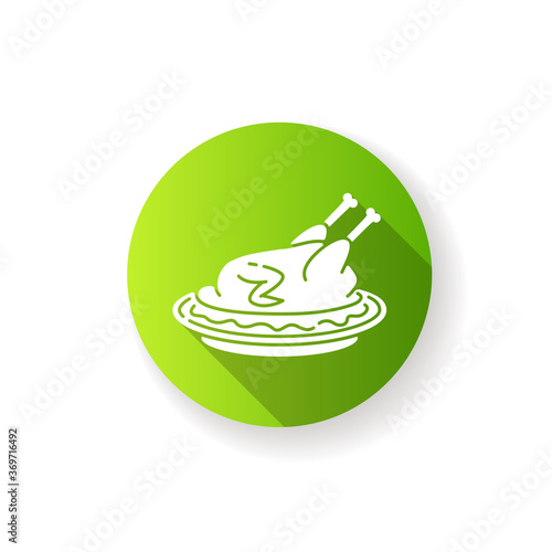 Peking duck green flat design long shadow glyph icon. Whole roasted chicken with gravy for thanksgiving. Beijing traditional dish recipe. National meal for dinner. Silhouette RGB color illustration