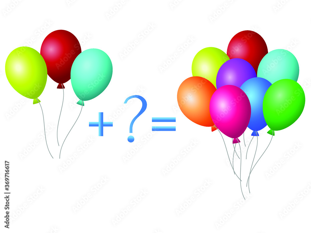 Educational game for children, illustration of mathematical addition, examples with balloons.