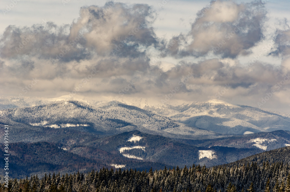 mountains in winter peaks forest-covered clouds in the sky