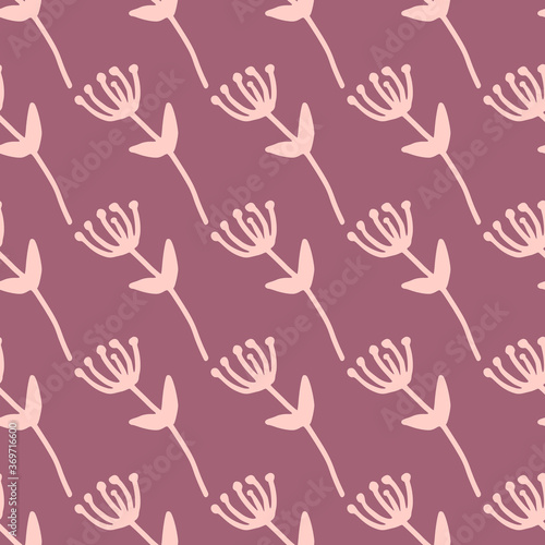 Purple and pink colored seamless pattern with floristic shapes. Naive stylized design.