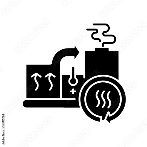 Heat recovery system black glyph icon. Sustainable energy industry, cogeneration silhouette symbol on white space. Power generation with zero waste. Industrial equipment. Vector isolated illustration