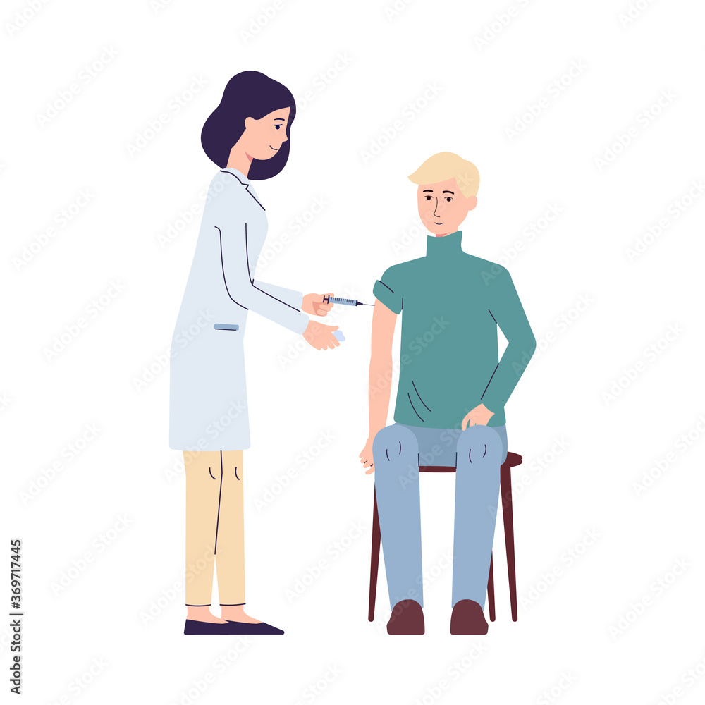 Doctor with syringe vaccinated a patient, flat vector illustration isolated.