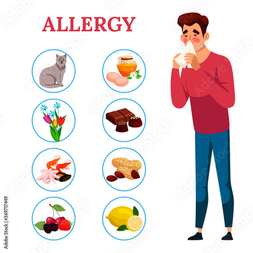 Allergy concept. Vector man character illustration