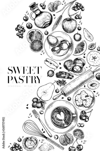 Hand drawn sweet pastry. Vector bakery, flour, eggs, apple, pear, orange, lemon, blueberry, berries, cinnamon, spices. Cooking a pie. Engraved illustration. Menu, package, food banner design.