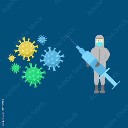 Illustration of medics fighting coronavirus with vaccines, vaccine syringes