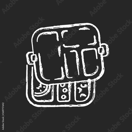 Reusable lunch box chalk white icon on black background. Convenient food container. Zero waste, lunch break. School student, company worker accessory. Isolated vector chalkboard illustration