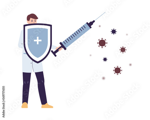 Doctor with syringe - metaphor of vaccination flat vector illustration isolated.