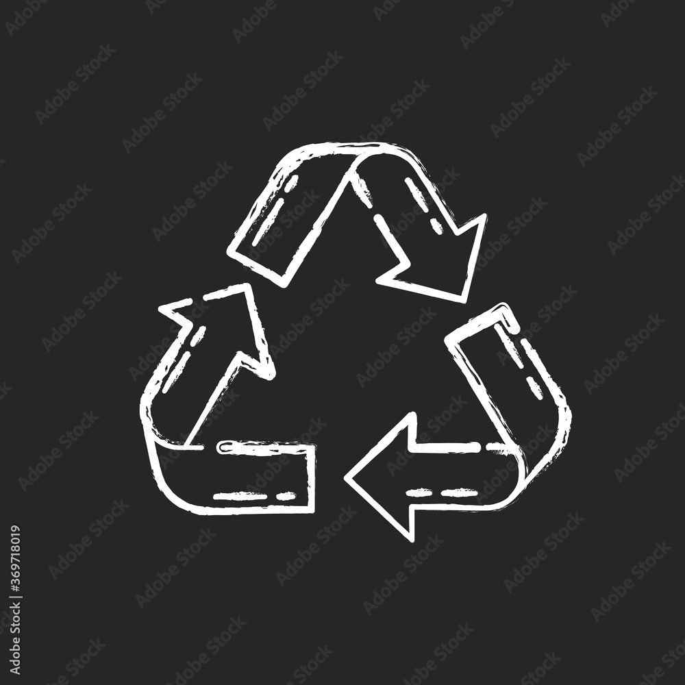 Recycling chalk white icon on black background. Zero waste, sustainable lifestyle. Responsible consumption. Environment conservation, pollution reducing. Isolated vector chalkboard illustration Recycling chalk white icon on black background. Zero waste, sustainable lifestyle. Responsible consumption. Environment conservation, pollution reducing. Isolated vector chalkboard illustration