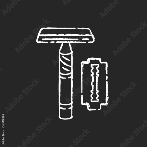 Reusable razor chalk white icon on black background. Responsible consumption, zero waste. Personal hygiene accessory, shaving razor with replaceable blade isolated vector chalkboard illustration