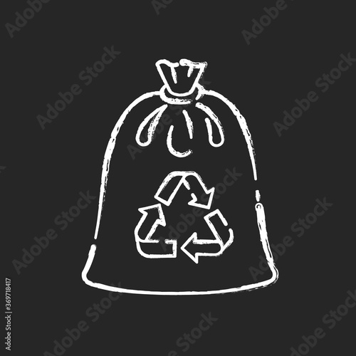 Compostable trash bag chalk white icon on black background. Waste recycling. Refusing from plastic litter bags. Eco friendly, biodegradable materials use isolated vector chalkboard illustration