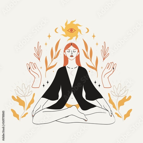 Meditating woman sitting in lotus pose in boho style with celestial bodies, mystic and floral elemets. Concept of spirituality, third eye, magic, zen for logo, emblem, print design.