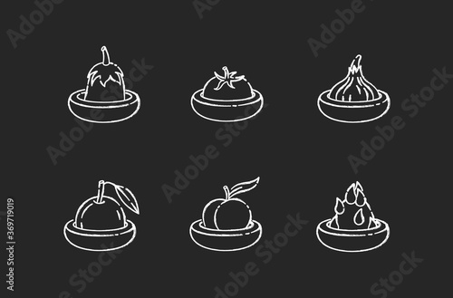 Food savers chalk white icons set on black background. Responsible consumption, zero waste lifestyle. Round silicone food huggers for fruits and vegetables Isolated vector chalkboard illustrations