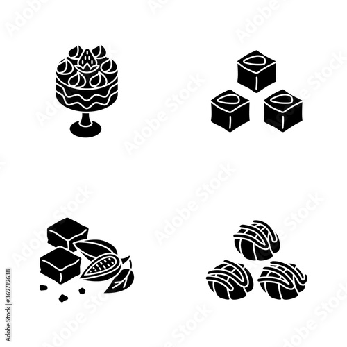 Traditional sweets black glyph icons set on white space. Profiteroles. Classic brownies. Turkish delight. Trifle with strawberries. English dessert. Silhouette symbols. Vector isolated illustration