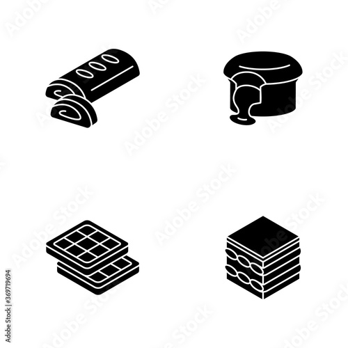 European desserts black glyph icons set on white space. Austrian apple strudel. Chocolate lava cake. Brussels, Belgian waffles. Classic Tiramisu. Silhouette symbols. Vector isolated illustration