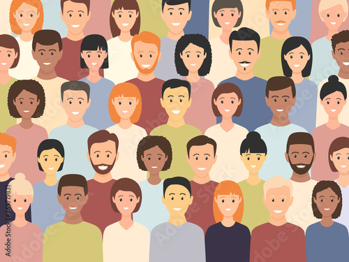 Diverse multicultural group of people standing together (europian, asian, american). Human social diversity crowd vector illustration.	