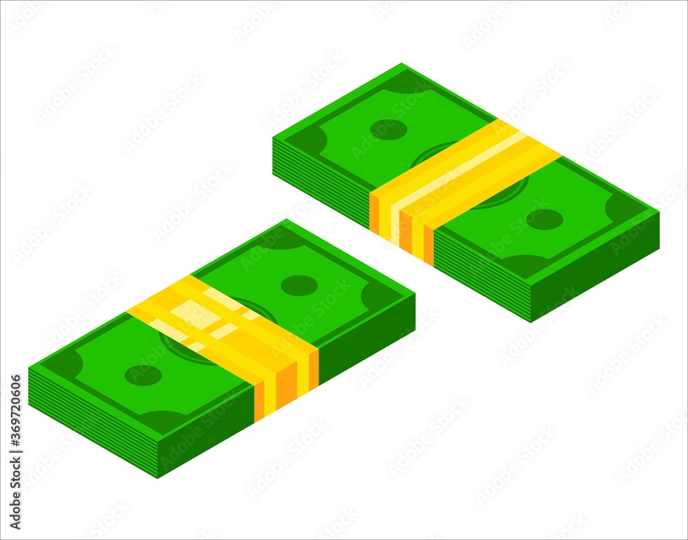 Obraz premium Pile of money icon from two sides. Isometric dollar banknotes. 3d Money icon