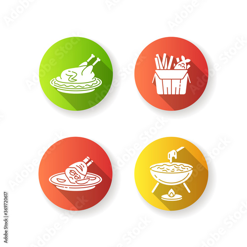 National cookery flat design long shadow glyph icons set. Fast food. Peking duck. British fish and chips. German roasted pork knuckle. Cheese fondu. Silhouette RGB color illustration