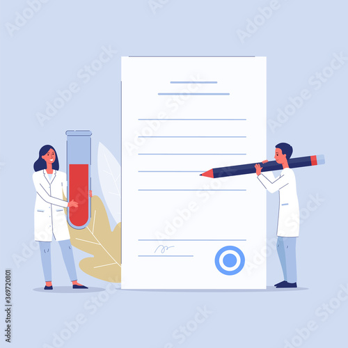 Doctors holding laboratory blood test result and glass test tube