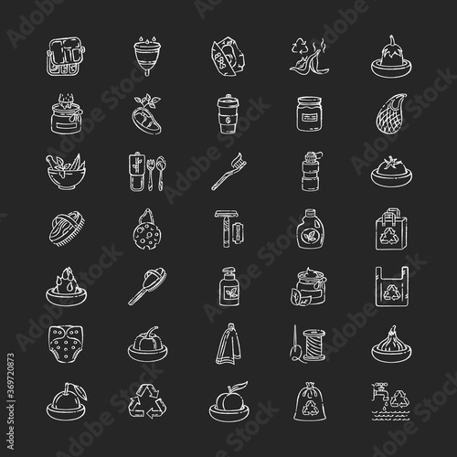 Anticonsumerism chalk white icons set on black background. Zero waste policy and sustainable lifestyle. Eco friendly products and tips. Environment care. Isolated vector chalkboard illustrations