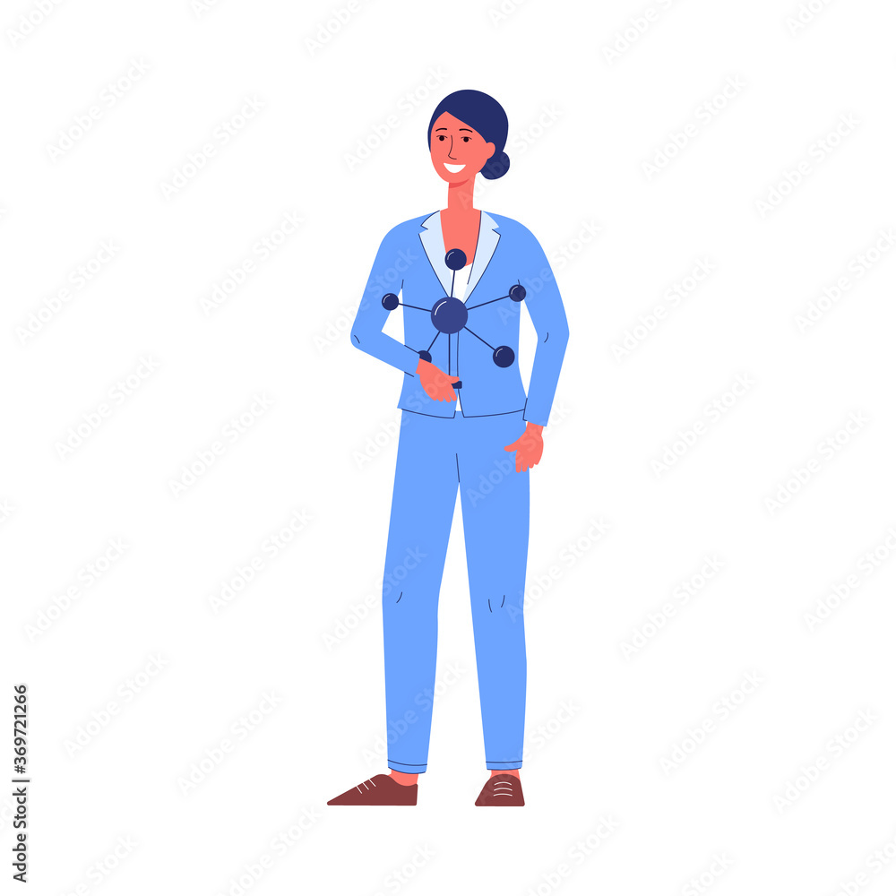 Woman character with chemical molecule flat vector illustration isolated.