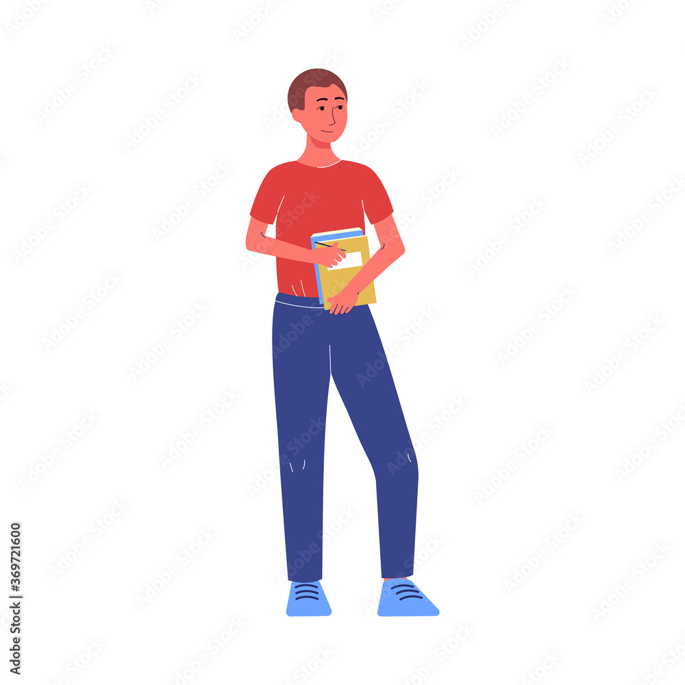 Young student man holding books and textbooks flat vector illustration isolated. Young student man holding books and textbooks flat vector illustration isolated.