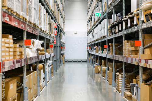 Warehouse store many products on the shelf.