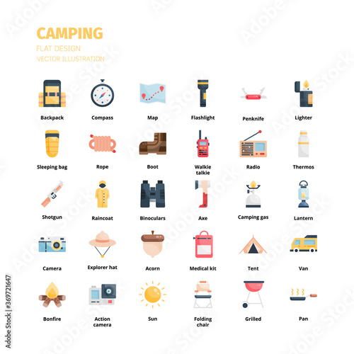 Camping icon set. Camping flat icon set. Icon for website, application, print, poster design, etc.