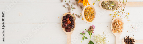 panoramic shot of herbs in spoons and flowers on white wooden background, naturopathy concept photo