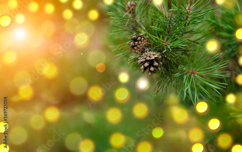 Christmas tree card. Fir tree pine cones with beautiful garland bokeh lights