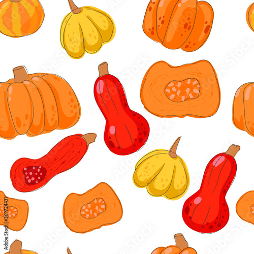 Seamless background with a pattern of different pumpkins or gourds.