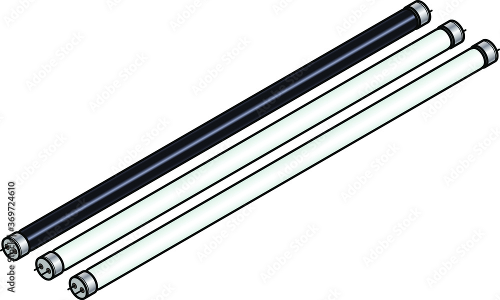 A set of fluorescent tubes / bulbs with one black light. A set of fluorescent tubes / bulbs with one black light.