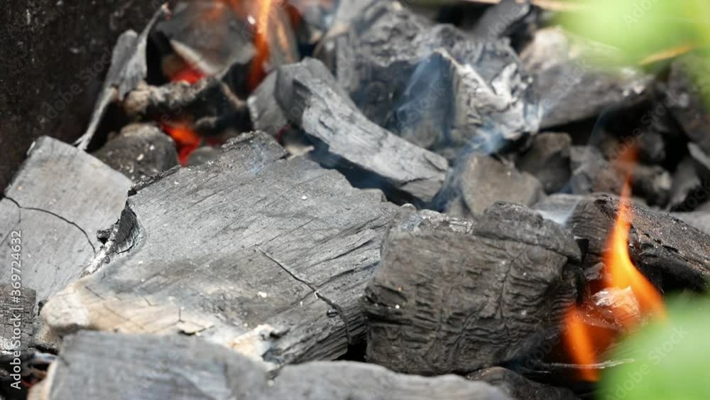 burning fire, firewood coal closeup burning fire, firewood coal closeup