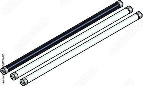 A set of fluorescent tubes / bulbs with one black light.