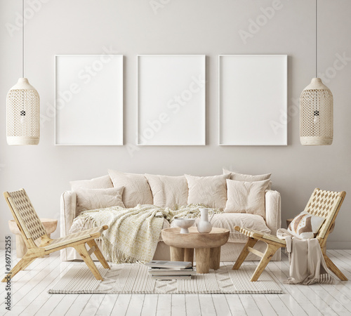 mock up poster frame in modern interior background, living room, Scandinavian style, 3D render, 3D illustration