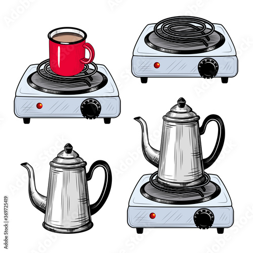 Electric stove (with a mug, with a coffee pot, empty). Vector vintage illustration. Engraved objects on a white background. Color sketches. Clip art..