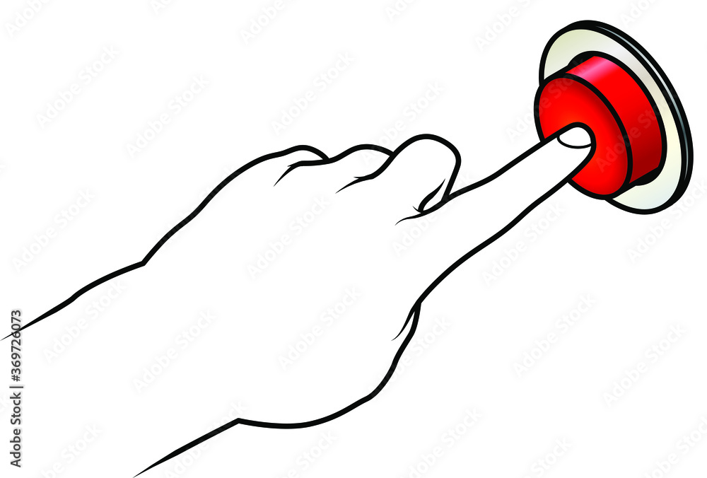 Line drawing of a human hand pressing a big red button. Stock Vector ...