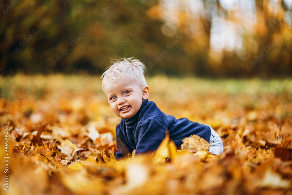 Little cute baby boy have fun outdoors in the park in autumn time. Little cute baby boy have fun outdoors in the park in autumn time.
