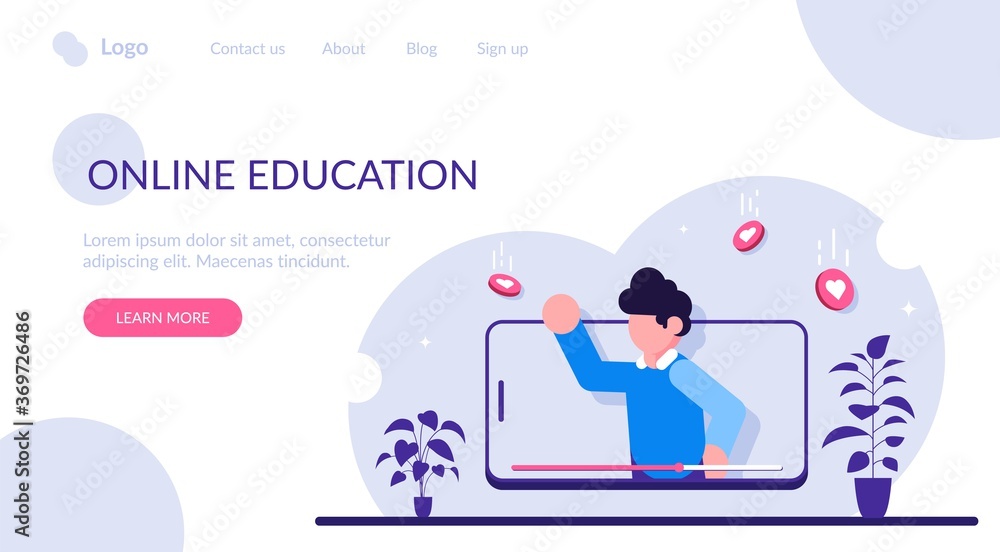 Online education. Video on mobile phone. Live broadcast or recording of a webinar for an educational course. Modern flat illustration. Online education. Video on mobile phone. Live broadcast or recording of a webinar for an educational course. Modern flat illustration.
