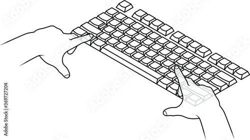Human hands on a computer keyboard pressing a combination of keys: Win-L. Line art.