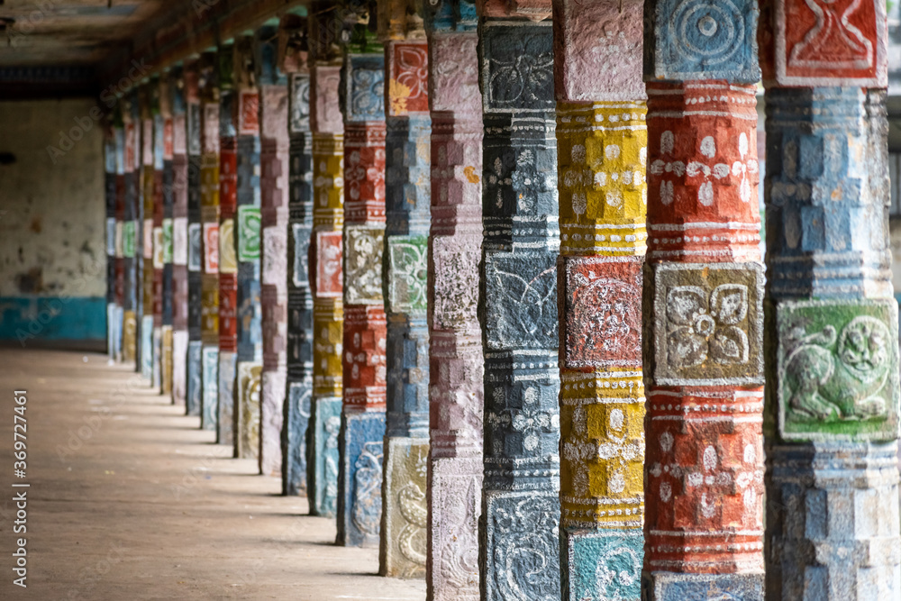 Colourful pillars of the ancient Hindu temple of Vaitheeswaran Koil in Tamil Nadu. Colourful pillars of the ancient Hindu temple of Vaitheeswaran Koil in Tamil Nadu.