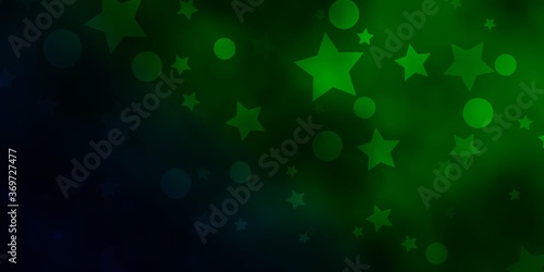 Dark Green vector texture with circles, stars. Abstract illustration with colorful shapes of circles, stars. Pattern for design of fabric, wallpapers.