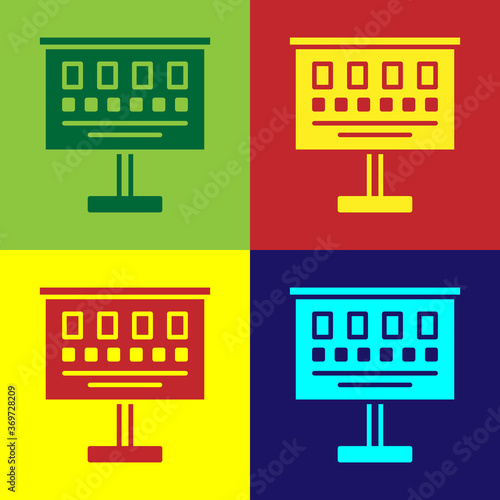 Pop art Eye test chart icon isolated on color background. Poster for vision testing in ophthalmic study. Snellen chart. Vector Illustration.