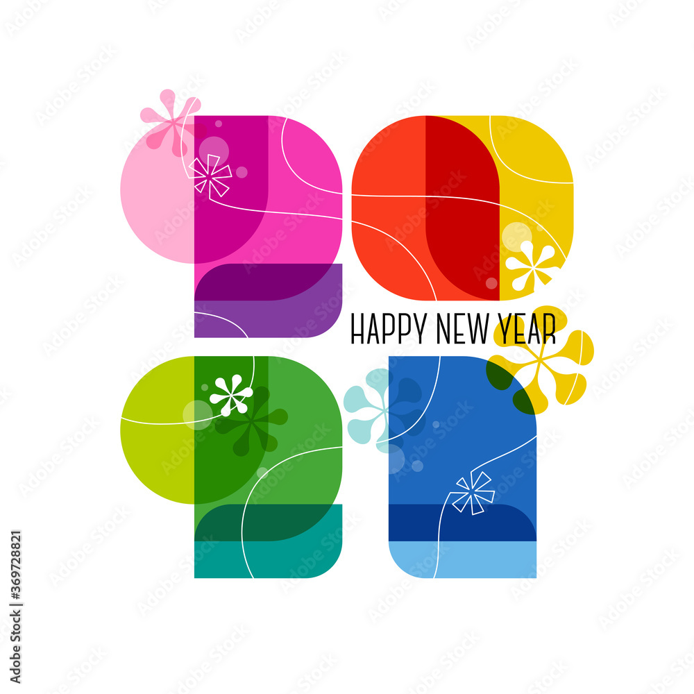 Happy New Year 2021 greeting card. Cute colorful numbers with abstract  vintage decoration isolated on white background. 60s retro style vector  illustration for diary cover, calendar, brochure or flyer Stock Vector |